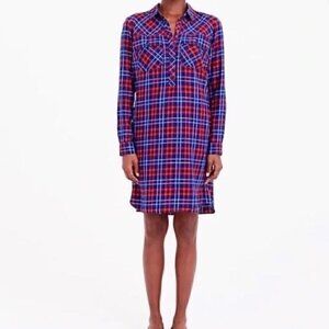 J. Crew Shirt Dress Size L Plaid Popover Flannel Blue Red Pocketed Casual